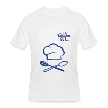Load image into Gallery viewer, Men’s T-Shirt Fatherless Men's T-Shirt (I'm Top Chef) - white-blue lettering-chef hat and spoons on front.

